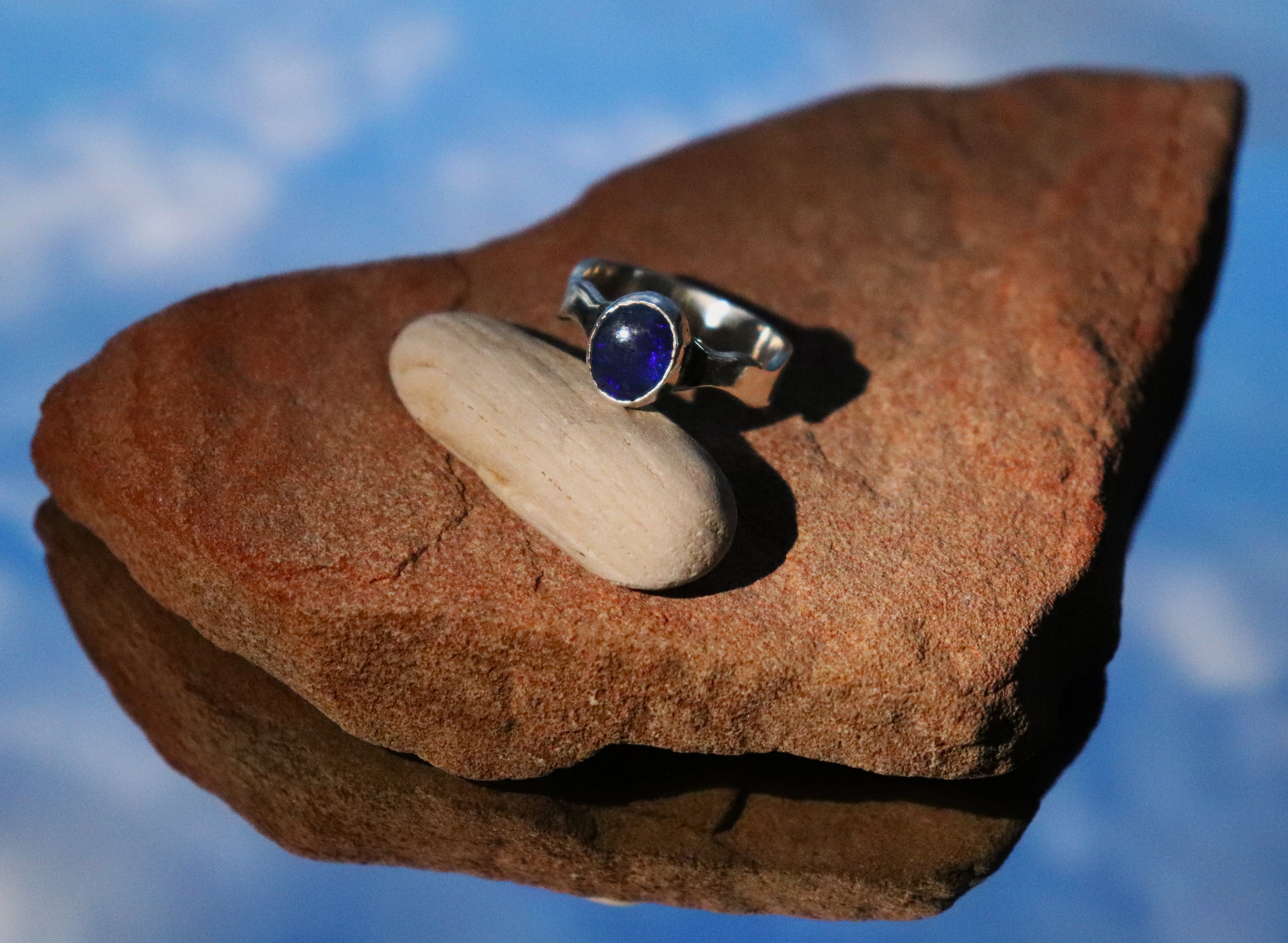Sterling Silver Australian Black Opal Wavy Ring Size 5