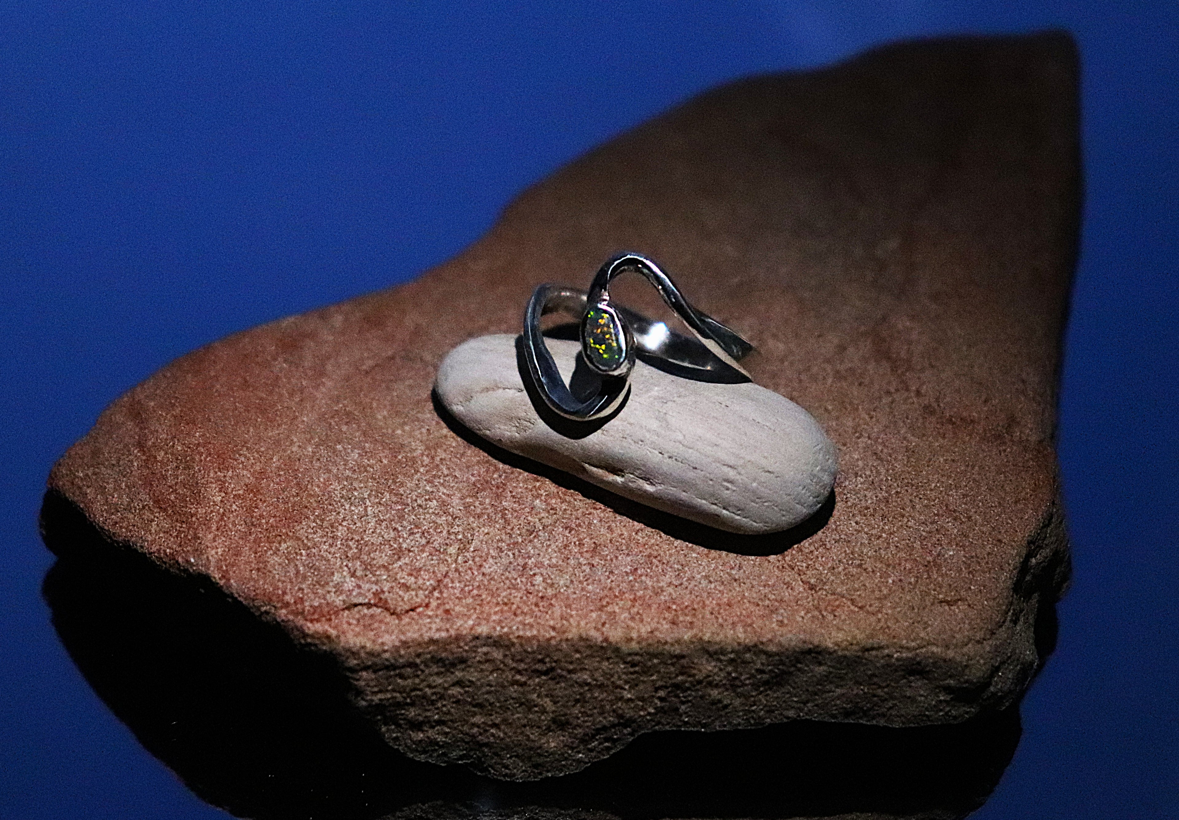 Sterling Silver Australian Black Opal Squiggle Ring Size 6
