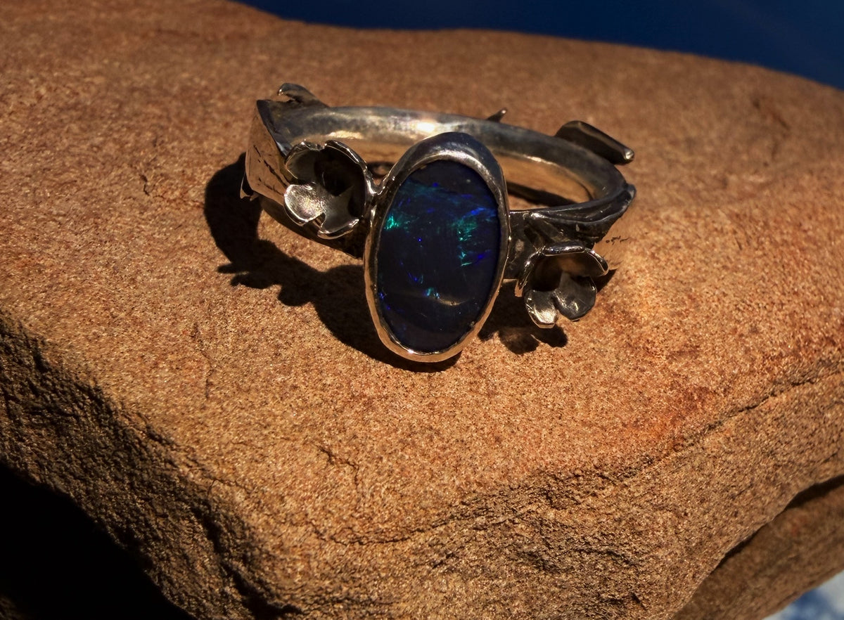 Sterling Silver Lightning Ridge Gem Black Opal Floral Forest Ring Size 7.5