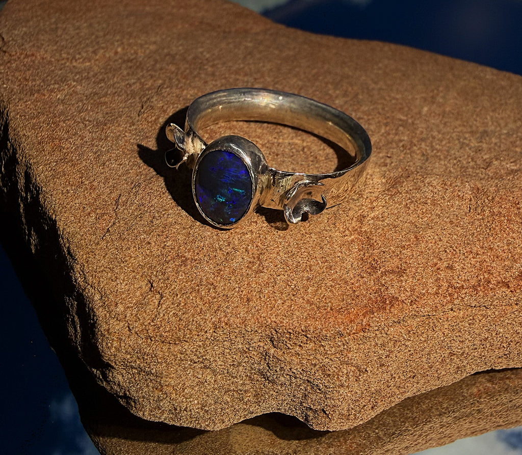 Sterling Silver Lightning Ridge Gem Black Opal Ring Size 5
