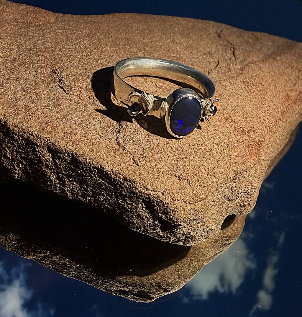 Sterling Silver Lightning Ridge Gem Black Opal Ring Size 5